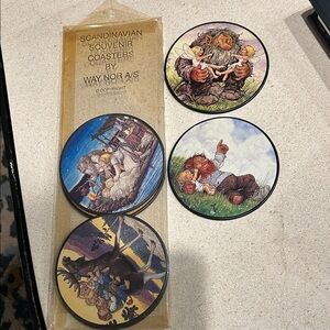Scandinavian Souvenir Coasters Set 6 coasters with Whimsical Troll Folk Art Styl